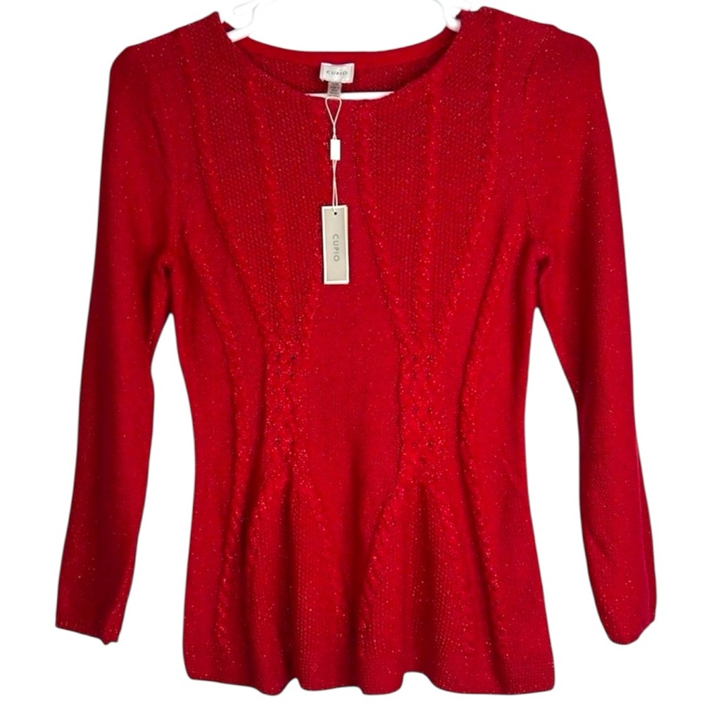 NWT Cupio Red Shimmer Knit Sweater Braided Detail Metallic Thread Size Large